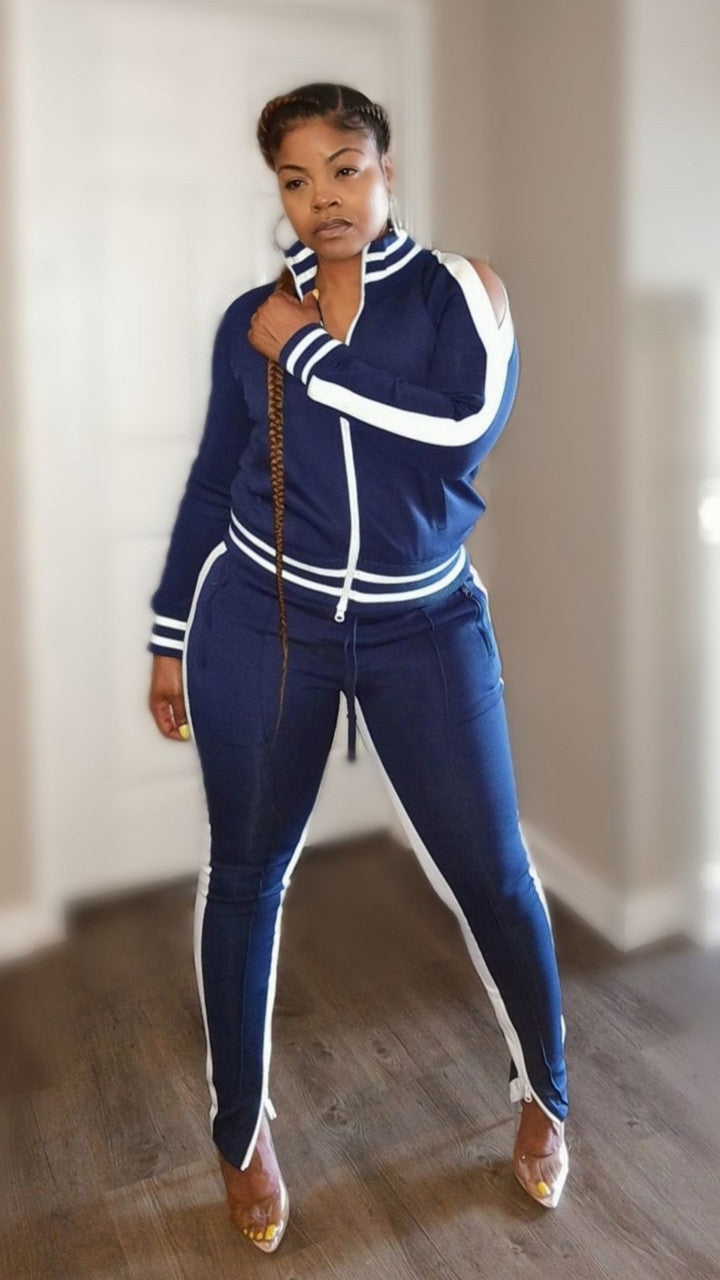 NAVY BLUE COLD SHOULDER TRACK SET