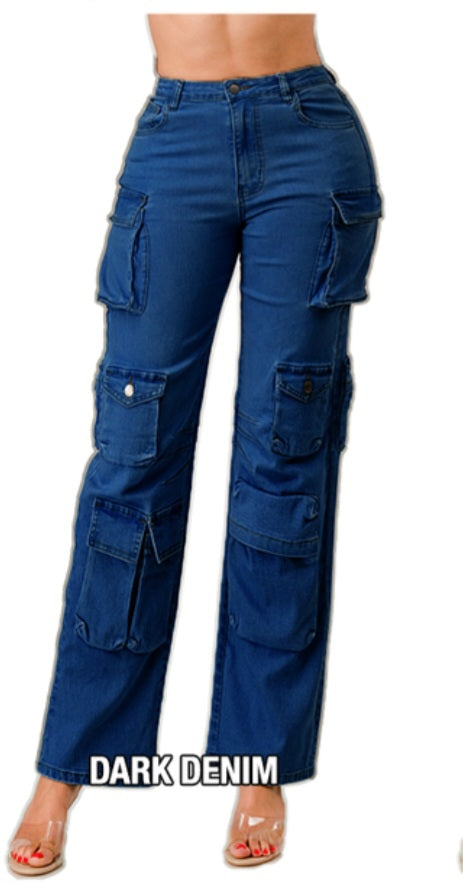 DENIM WIDE LEG CARGO JEANS